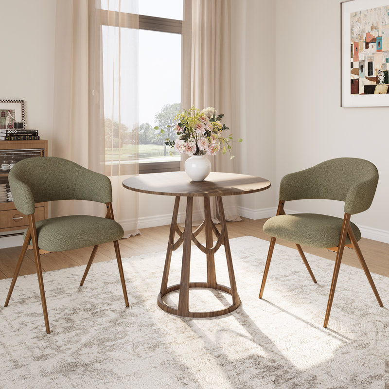 4" Thick Cushion Upholstered Dining ArmChair with Wood-Look Metal Leg, Green