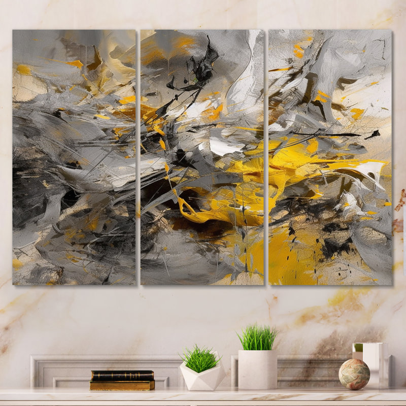 Bliss Of Happiness en gris et jaune I 3 pièces, H 28 po x l 36 po x P 1 po