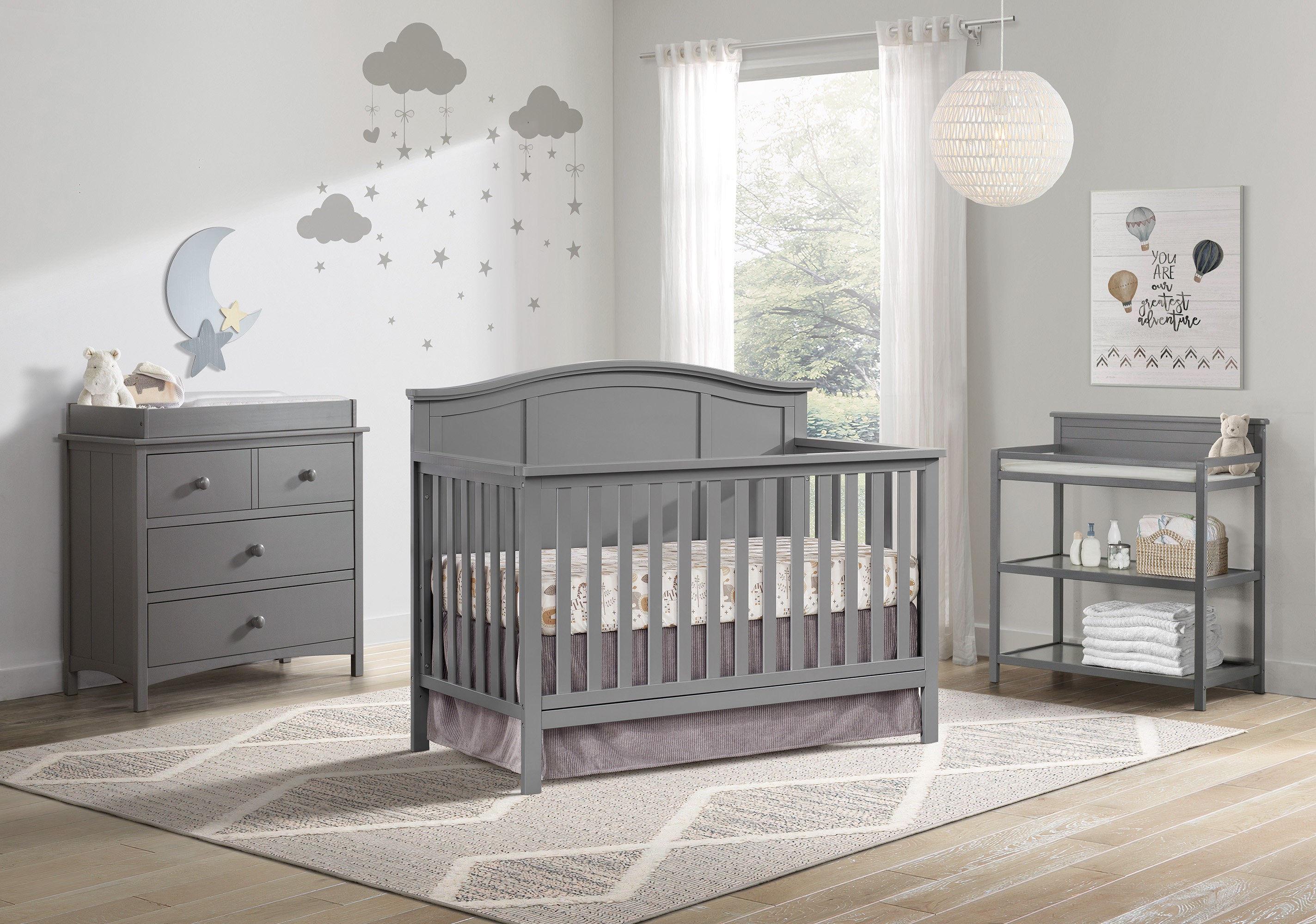 Grey baby crib and clearance dresser