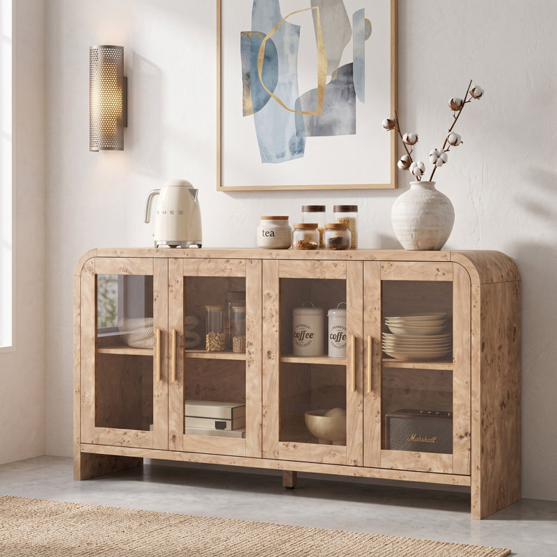 Buffet incurvé moderne, armoire de rangement pour buffet, console multimédia avec 4 portes en verre et tablettes réglables