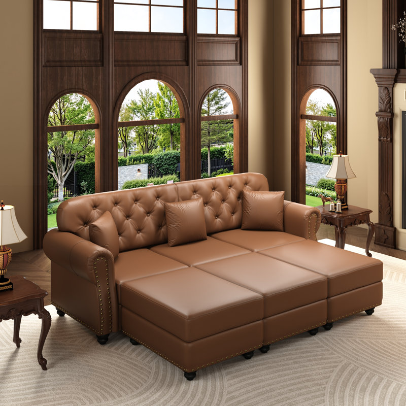 Canapé Chesterfield de style Mid-Century moderne avec similicuir, garniture cloutée et accoudoirs roulés, avec 3 coussins, brun