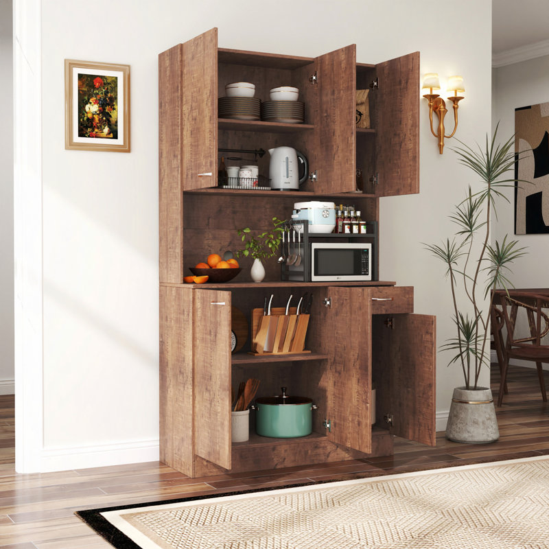 70.87" Tall Wardrobe& Kitchen Cabinet, With 6-Doors, 1-Open Shelves And 1-Drawer For Bedroom, Walnut
