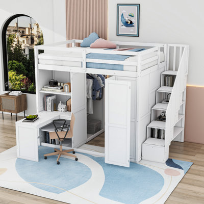 Full Wooden Loft Bed with Desk, Wardrobe and Storage Stairs