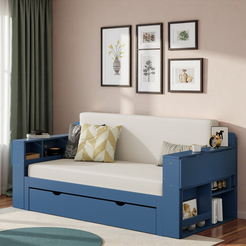 Lit de jour multifonctionnel avec tiroir de rangement, compartiments ouverts et table d'appoint hydraulique, Bleu
