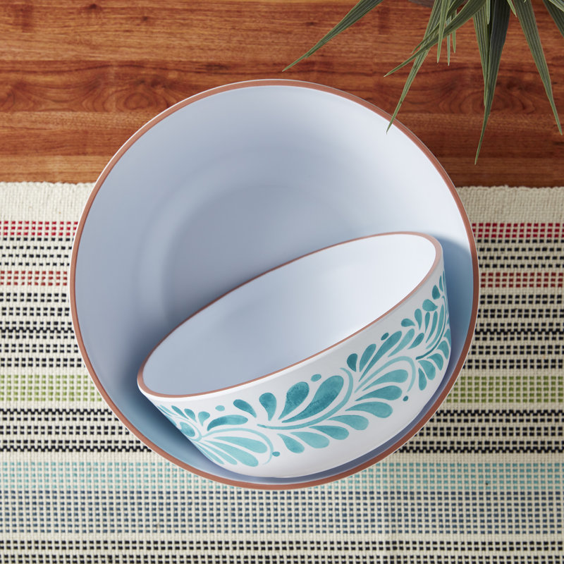 INFUSE 2-Piece Melamine Serving Bowl Set, Lebrillo, White/Aqua