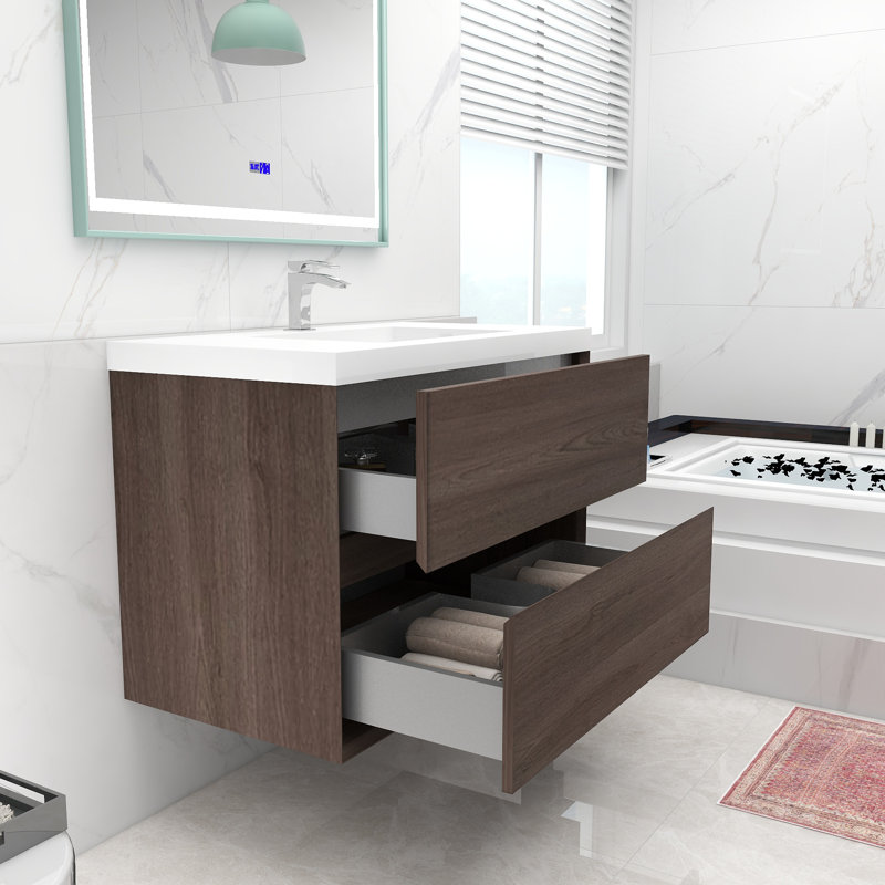Attallah 35.4 " W Wall Mounted Wall Mounted 1 Single Vanity Bathroom Vanity With Acrylic Top, Red Oak