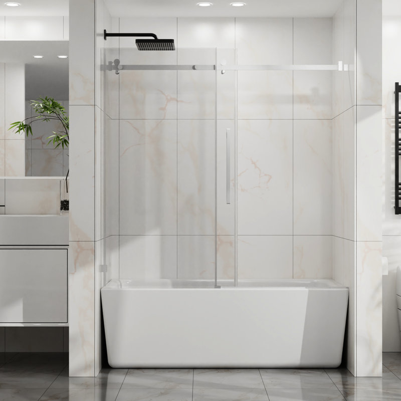 60" W X 58" H Shower Door, 6Mm Tempered Clear Glass, Reversible Sliding, Water - Blocking, Silent Pulleys Blocking Threshold, Quiet Open