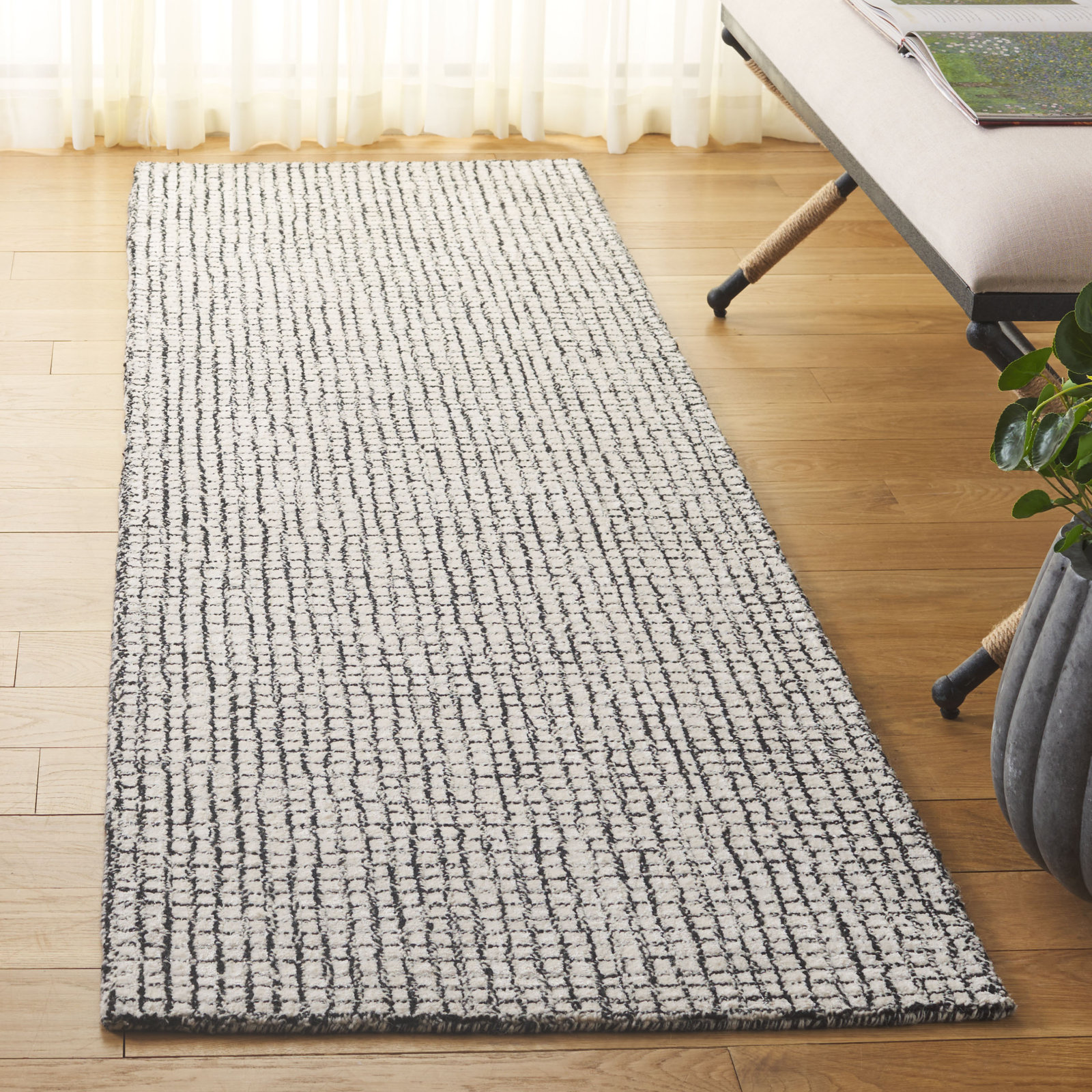 Rowe Ivory Black Hand-Tufted Checkered Rug, Runner 2'3" x 8'
