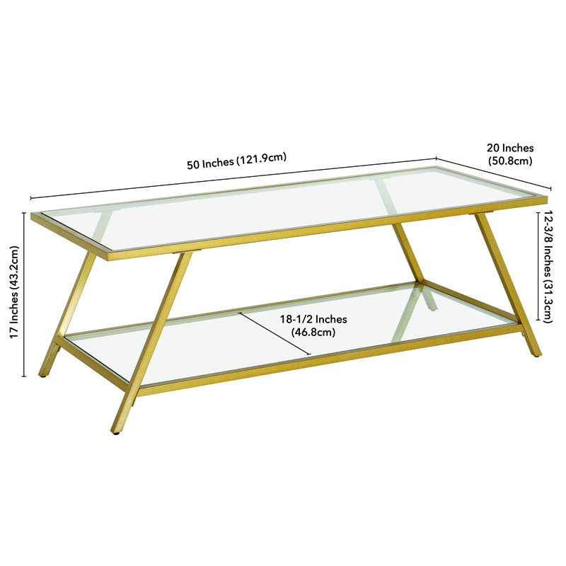 Yair 48" Glass And Steel Coffee Table With Shelf, Brass