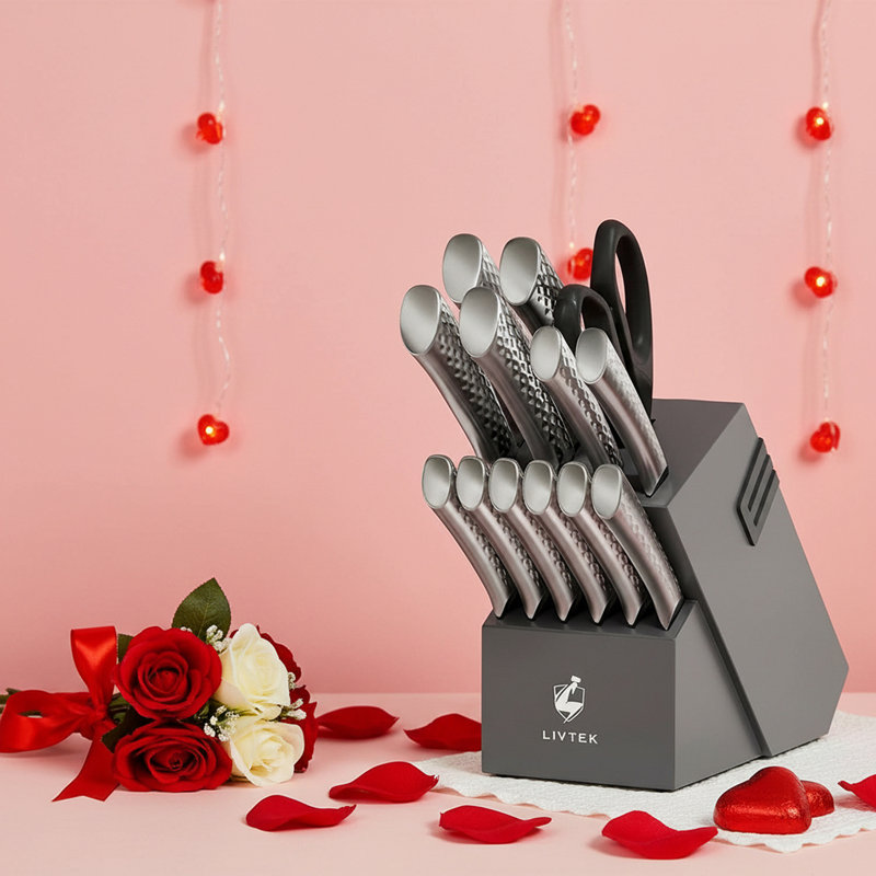 Ensemble de 15 couteaux de cuisine en acier allemand avec bloc et affûteur - couteaux de chef professionnels, couteau de chef de 8 pouces, couteaux à steak, poignée ergonomique, ensemble de coutellerie résistant à la rouille