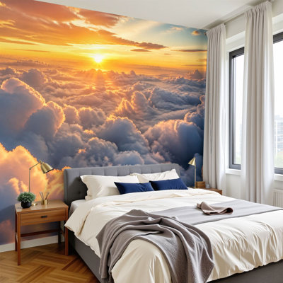 Papier peint adhésif auto-adhésif en duvet artificiel 100% H 100 po x l 144 po Golden Sunset Fluffy Cloudscape