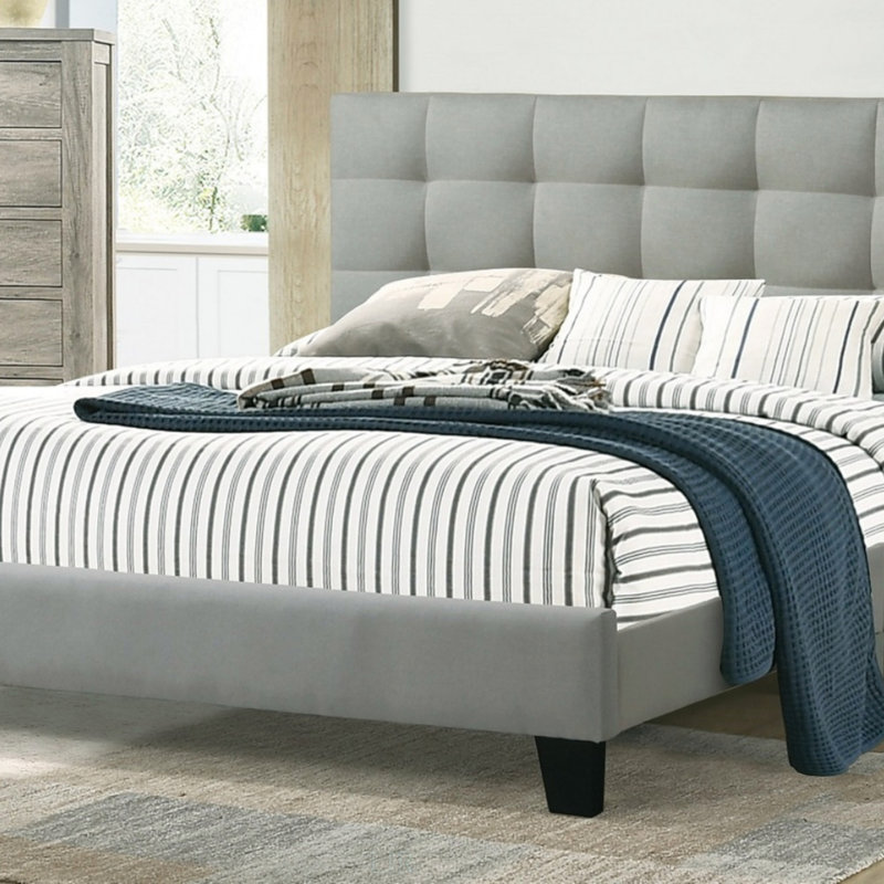 Lit plateforme moderne avec tête de lit capitonnée en polyfibre, aucun sommier requis, Gris, Lit double