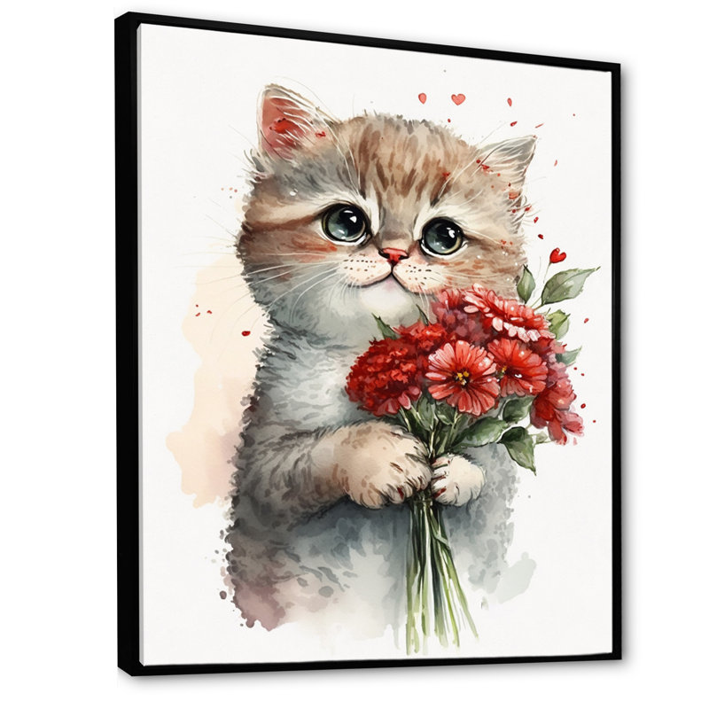 Chat amoureux tenant des fleurs - reproduction sur toile, L 24 po x H 32 po, Toile avec cadre flottant noir