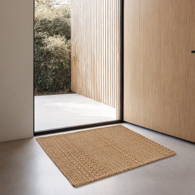 2x4 Washable Rug, Textured Natural Woven Low-Profile Small Runner with Non-Slip Backing, Light Brown, for Kitchen Sink, Laundry Room, Double Door Entryway Brown