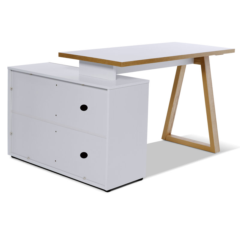 Bureau d'écriture en L avec armoire Hermie, Blanc / Chêne