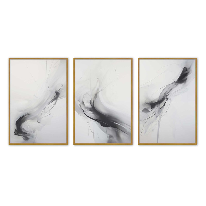 Ensemble de 3 impressions dans un cadre en érable Ethereal Smoke Dance, 16 po x 12 po, Or poli, H 11,25 po x l 27,75 po