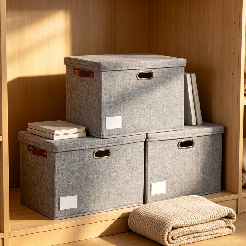 Grands bacs de rangement pliables de 17 pouces avec couvercles, lot de 3 organisateurs de garde-robe empilables en tissu avec poignées en polyuréthane et étiquettes amovibles, boîtes de rangement décoratives pour la maison, la chambre à coucher, le bureau, la chambre de bébé