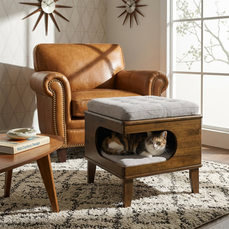 Poufs multifonctionnels pour chats, en bois d'hévéa et de noyer, de style moderne.