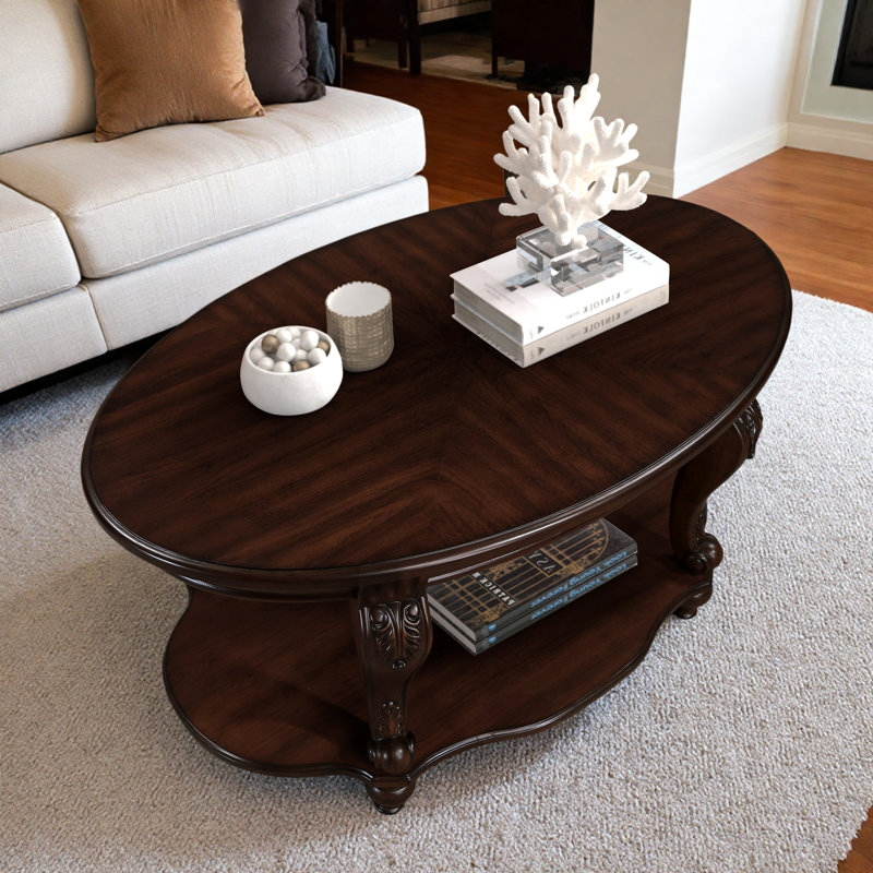 Table basse ovale en bois d'hévéa de 42 po avec tablette de rangement ouverte, Cherry