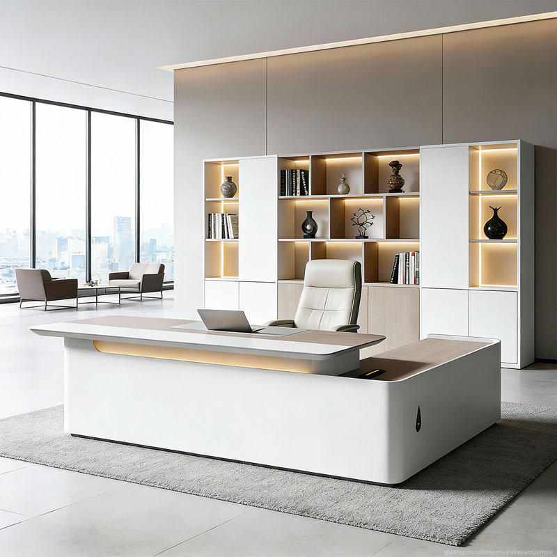 Luxurious Ergonomic L-Shaped Executive Desk With Integrated Storage, High-Quality Materials, Fixed LED Lighting