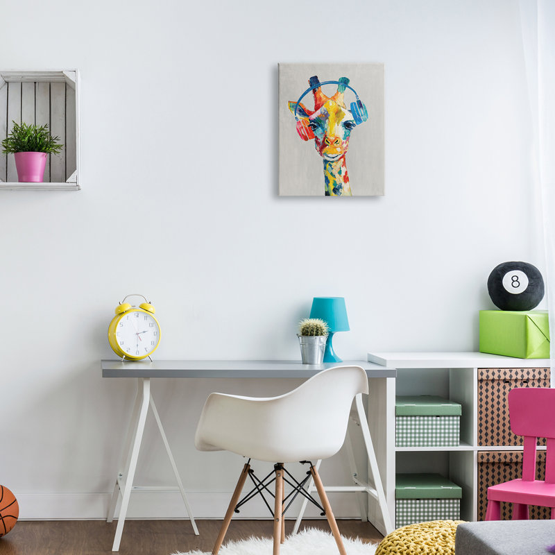 Girafe, casque d'écoute, musique contemporaine, portrait de la jungle Cloverfield & Co., H 16 po x l 20 po, Toile tendue