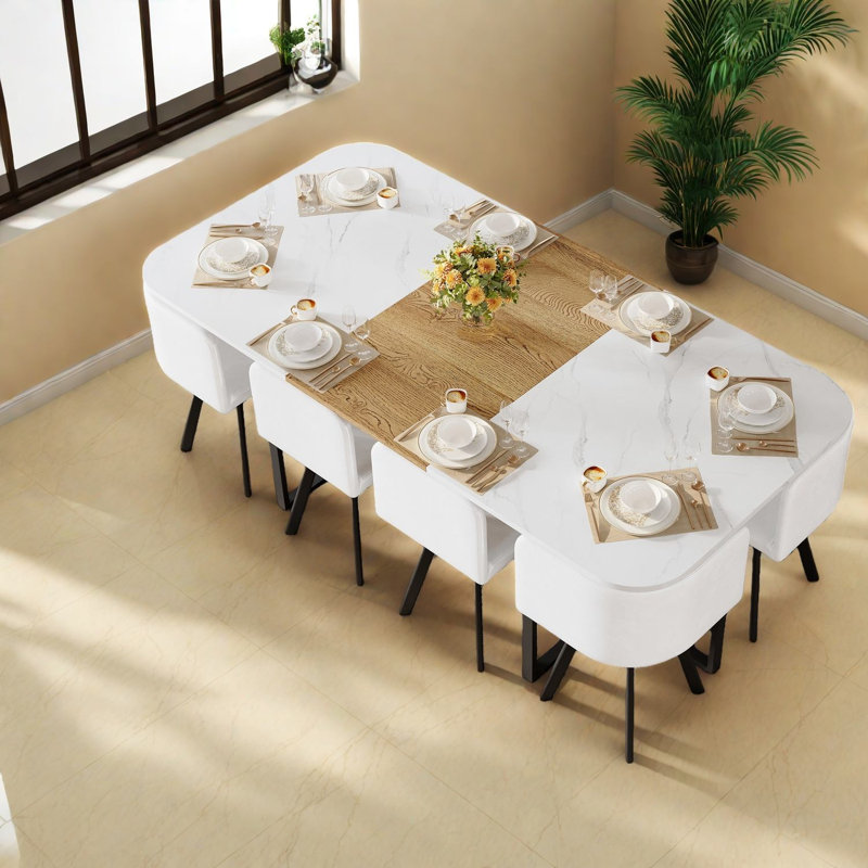 Ensemble de table de salle à manger moderne carré 9 pièces en faux marbre et bois blanc
