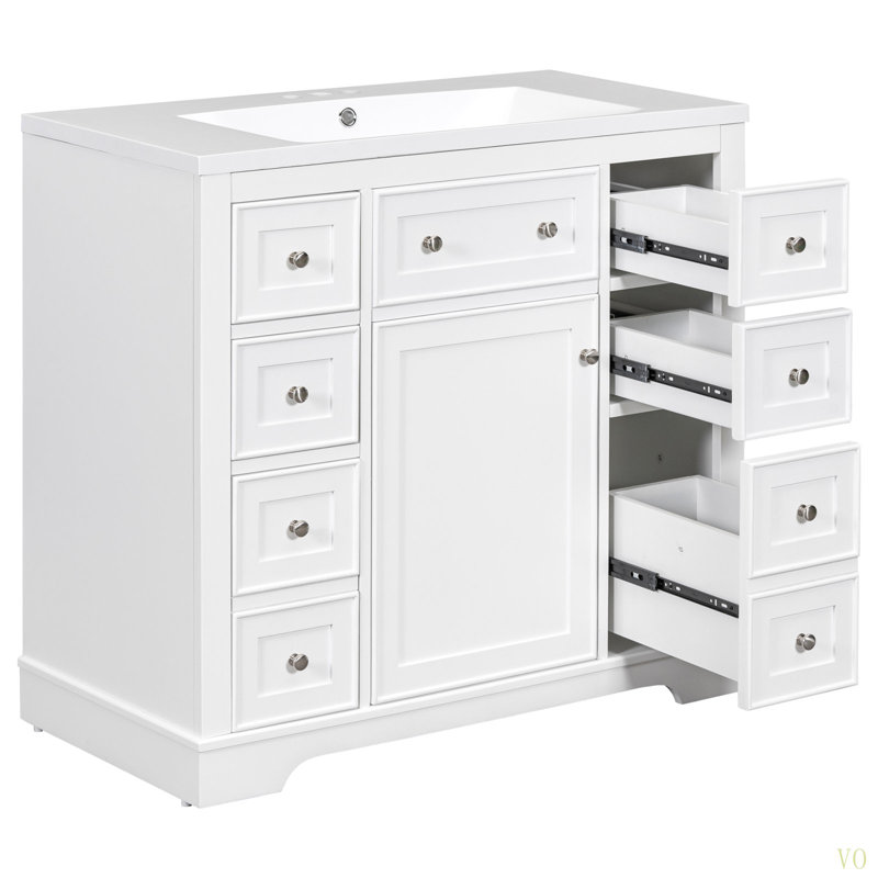 Ensemble de meuble-lavabo 36 po avec lavabo, une armoire et six tiroirs, bois massif et panneau de fibres à densité moyenne