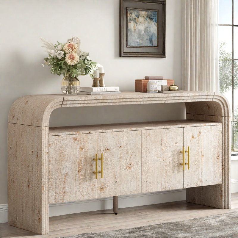 4-door Elegant Console Table With Natural Embossed Texture, Curved Edge And Metal Handles, Natural Wood