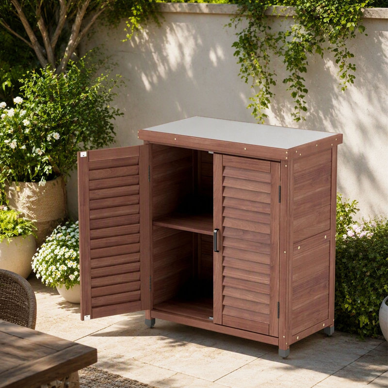 Potting Bench With Storage Cabinet And Metal Table Top For Outdoor Storage Patio, Garden Furniture Wood Workstation Coffee 31X17x36''