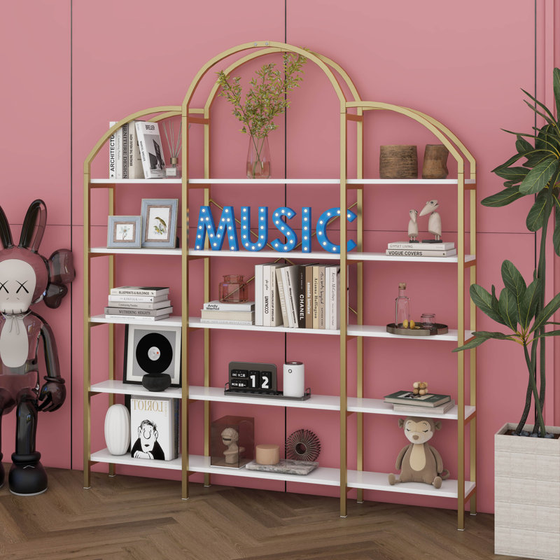 5 Tier Bookshelf With Curved Top, X Bar Gold Shelf, Arched Bookshelf With Anti-Tipping Device And Adjustable Foot Pads