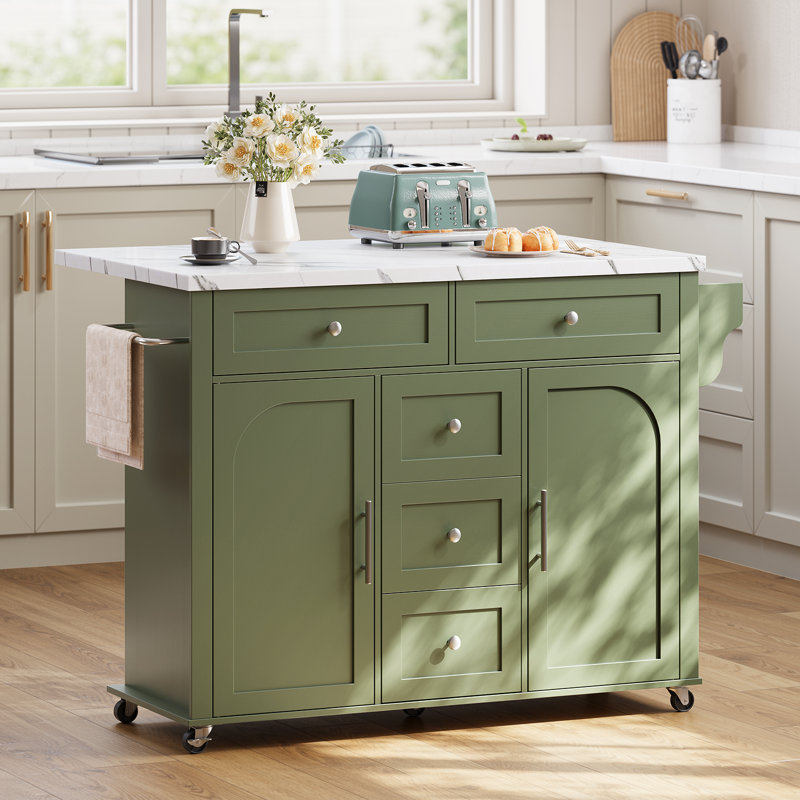 Îlot de cuisine roulant en bois avec faux marbre, chariot de rangement avec abattant pour la cuisine, salle à manger, Vert