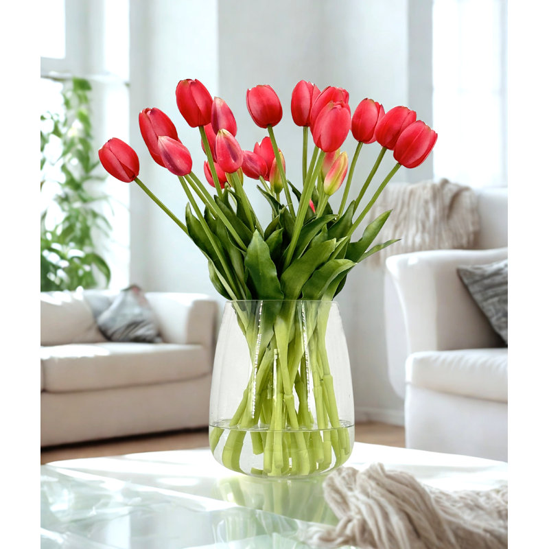 Real Touch Artificial Tulips In Glass Vase By , Light Red