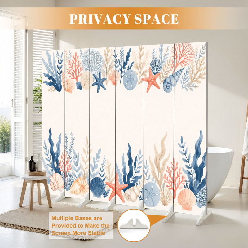 6 panneaux de paravent pliant paravent Royal Coastal Marine Border Starfish Shells Coral couleurs pastel toile séparateur de pièce séparateur de protection autoportant