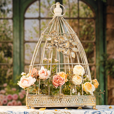  Cage à oiseaux décorative rétro avec accents de fleurs et anneau supérieur, cage à oiseaux, décoration élégante pour toute pièce