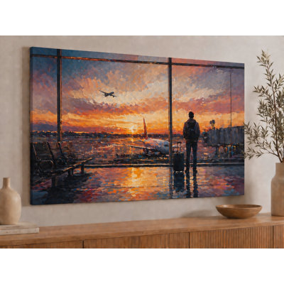 Large Airport Sunset Canvas Wall Art Traveler Plane Window View Landscape Modern Travel Decor for Living Room Bedroom Office 24x36 Inch Canvas Print - Ready to hang