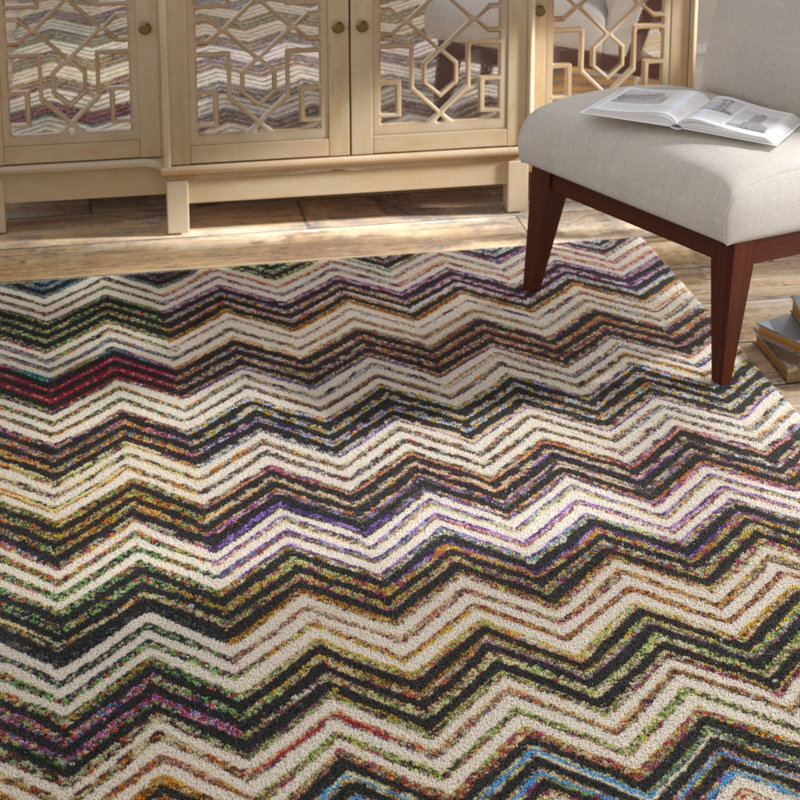Airiona Hand Tufted Wool/Cotton Chevron Rug in Black/White, Rectangle 5' x 8'