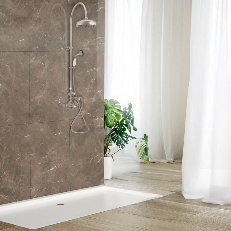 Système de douche thermostatique exposé 60 po mural avec douche à main 1,75 GPM et poignées levier / croix, Nickel poli