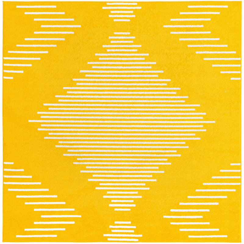 Tapis géométrique jaune en polypropylène tissé à la machine, Carré 7 pi