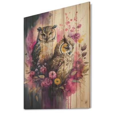 Cute Owls Floral Art I - Animals Owl Multicolor Wood Print