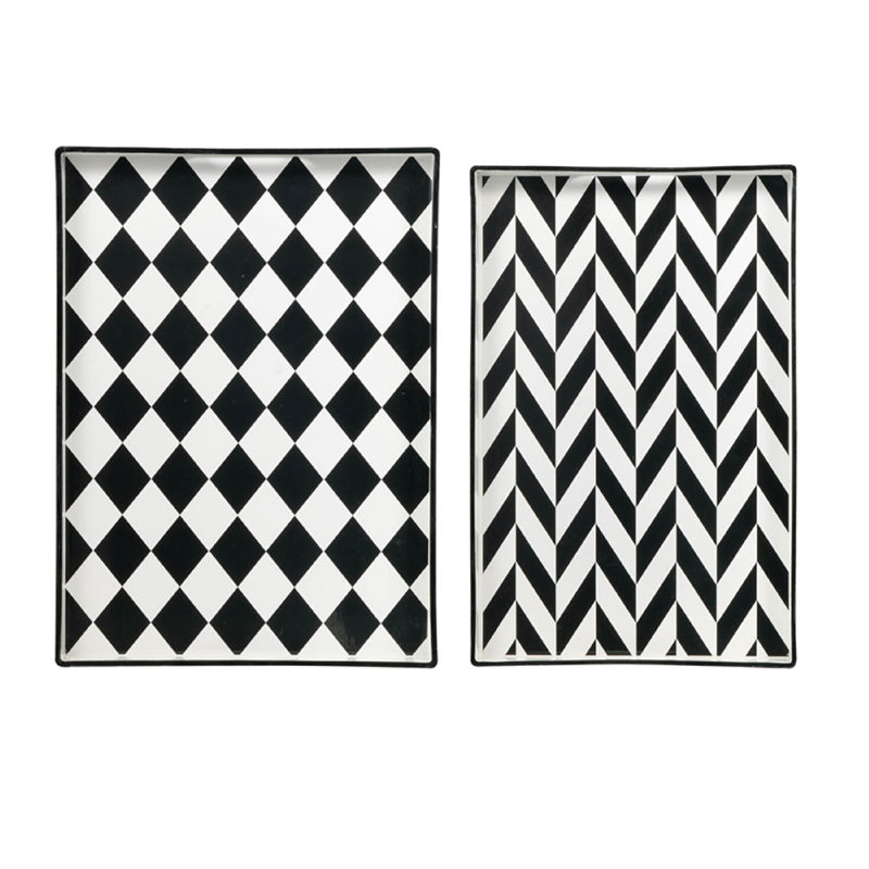 Ensemble de 2 plateaux de service, damier noir et blanc et motif à chevrons