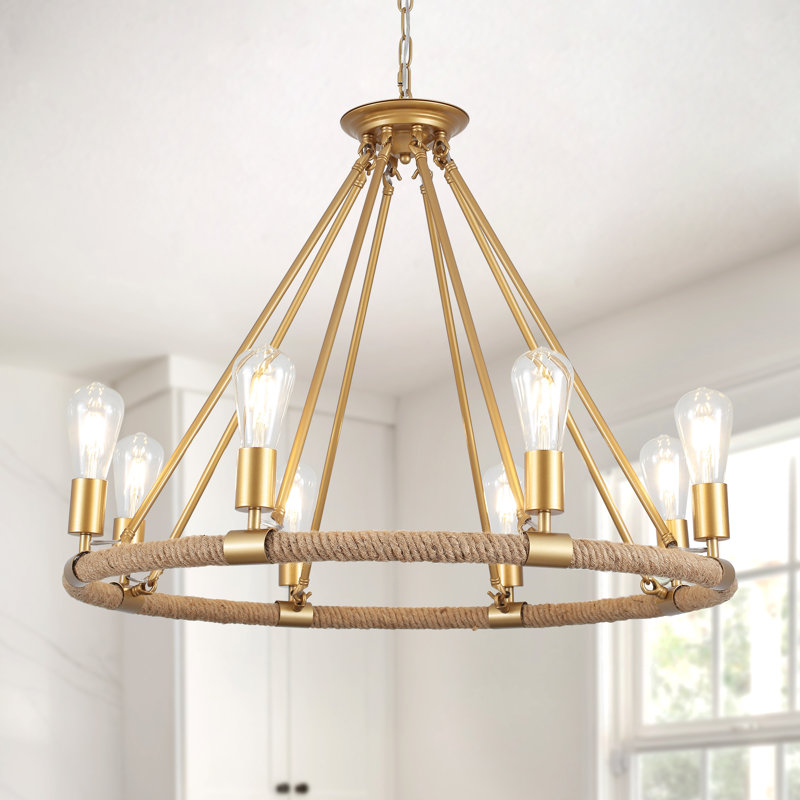  Orris 8 - Light 30"W Dimmable Farmhouse Rope Kitchen Island Wagon Wheel Chandelier, Gold
