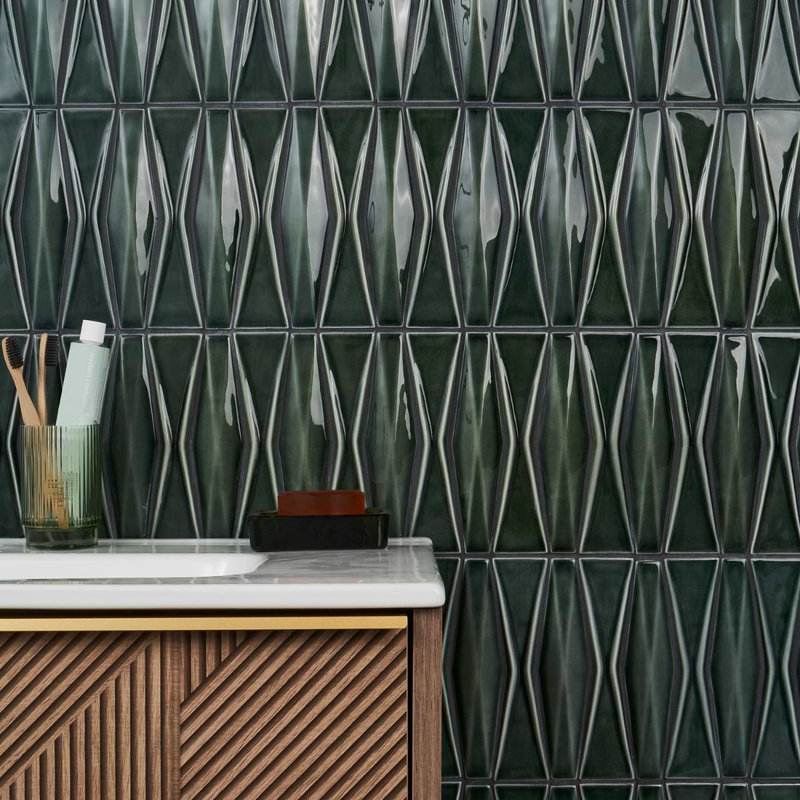 Nabi Harlequin 2X8 Crackled Glossy Glass Mosaic Tile, Deep Emerald Green