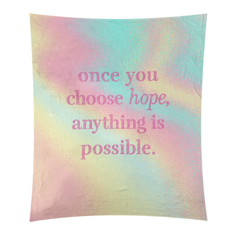 Tapisserie de polyester, citation en polyester, citation de l’espoir, H 60 po x l 51 po, Arc-en-ciel pastel