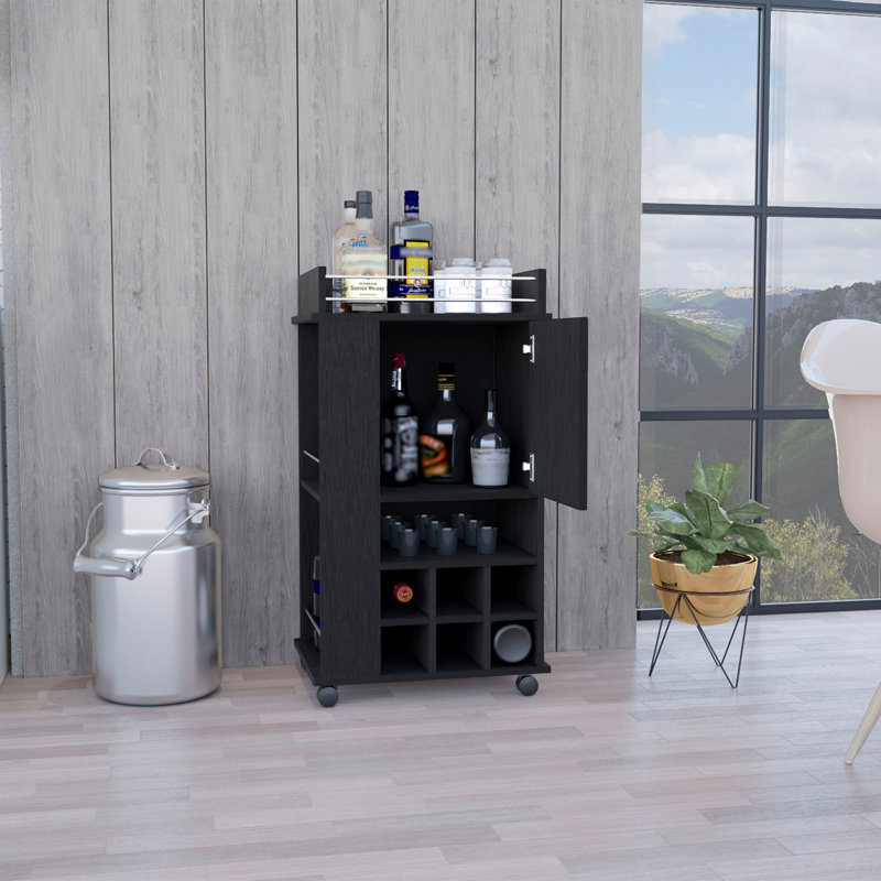 Chariot-bar avec armoire Fargo, 6 porte-bouteilles et roulettes intégrés, Noir
