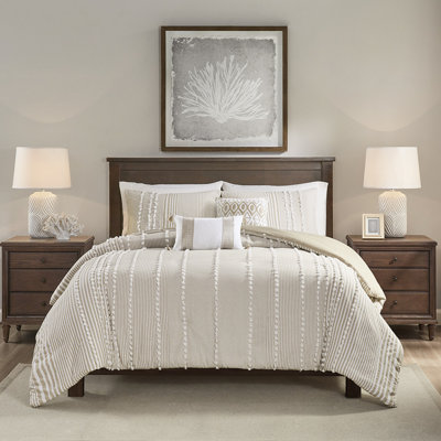 Housse de couette en coton 3 pièces avec texture chenille taupe et blanc