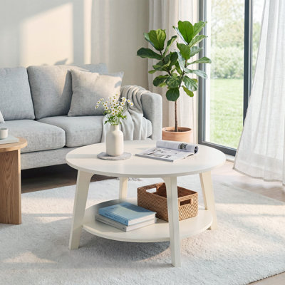 Table basse ronde moderne à 2 niveaux, table centrale circulaire de rangement avec tablette ouverte, pieds incurvés, bois d'ingénierie, 80 x 45 cm pour salon