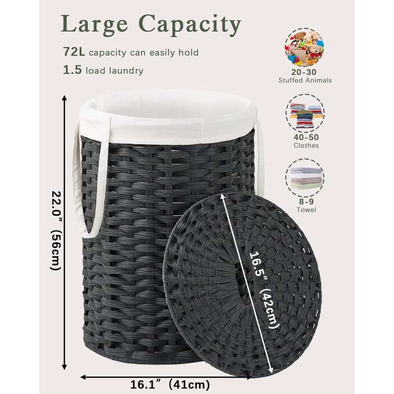 Round Wicker Laundry Hamper with Lid, Removable Bag and 2 Mesh Bags, 72L, (Black), Black