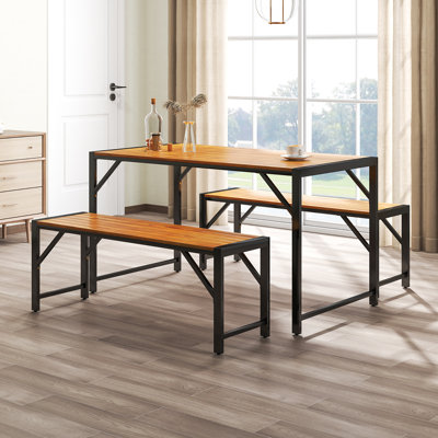 3 Pcs Dining Set For 4 People Outdoor Picnic Table & 2 Benches W/ Metal Frame by 17 Stories