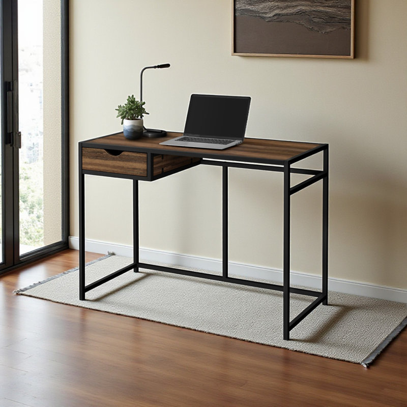 Larissa Brown Finish 1-Drawer Computer Desk With Black Metal Leg, 29.79" H X 42.08" W X 19.88" D