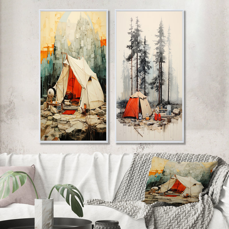 Minimalisme camping voyage collage - camping voyage impressions sur toile ensemble de 2, Cadre flottant blanc